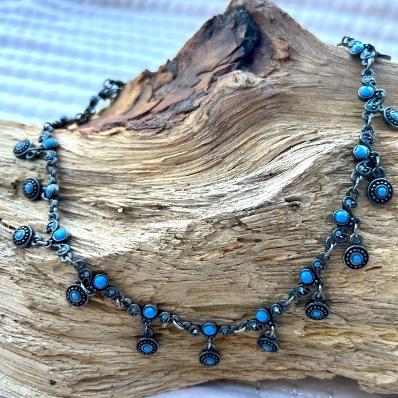 Vintage Y2K Necklace Blue & Gun Metal Silver Claw Clasp with Extender Chain - Picture 6 of 8